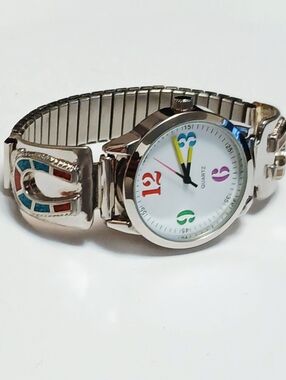 Silver Navajo Inlaid Turquoise/Coral Horse Shoe Tips Silver Watch Plus Expansion